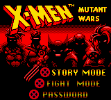 X-Men Mutant Wars title screen for GameBoy Color